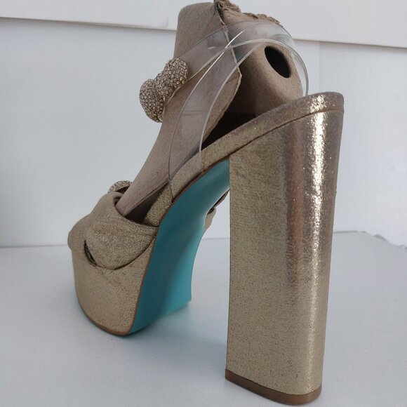 Betsey Johnson Gold Platform Heels 8.5 Rhinestone Glam Going Out Chunky Heel EUC - Picture 6 of 15